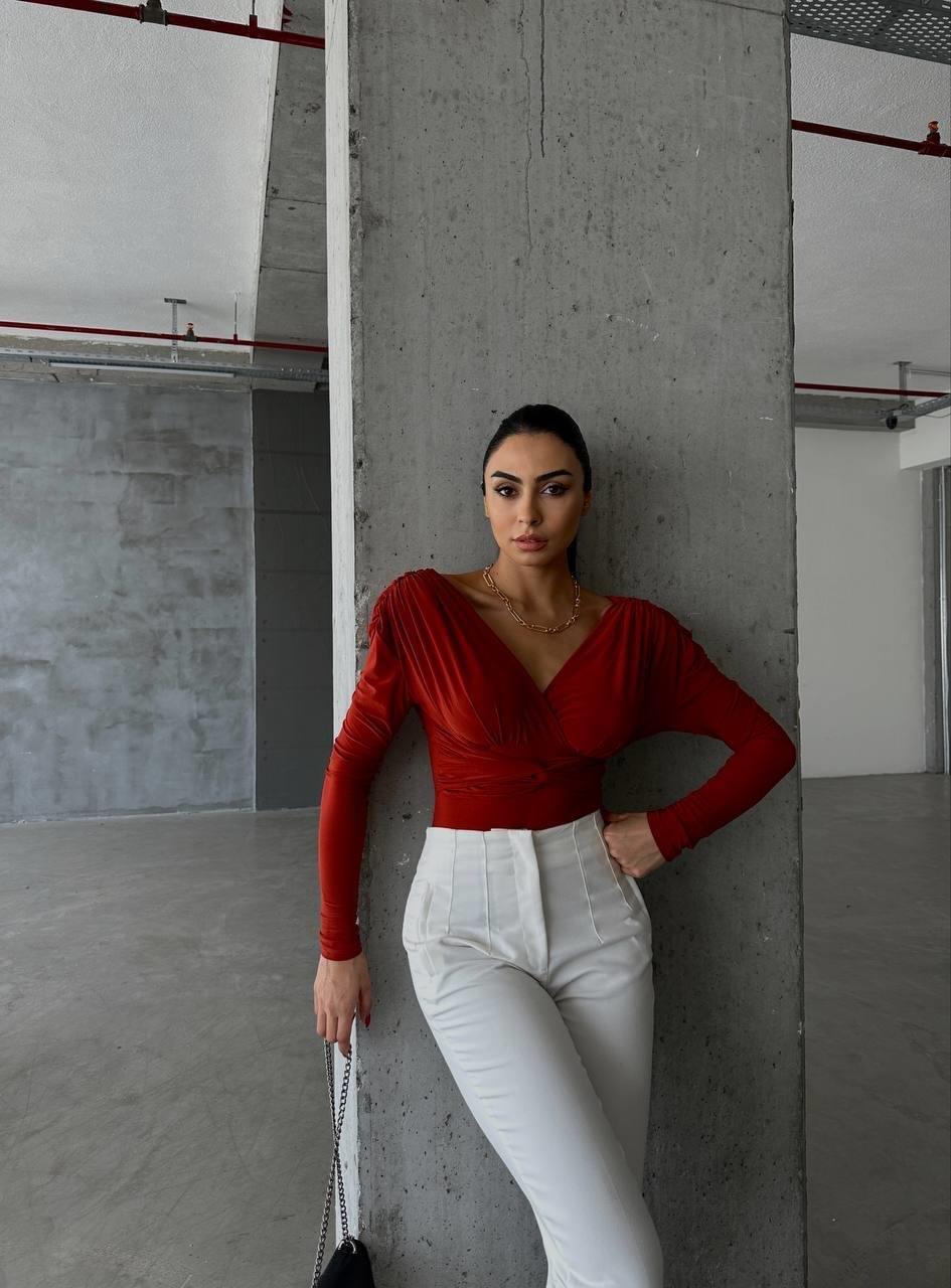 SANDY VATKALI BODYSUİT DRAPELİ - Kiremit