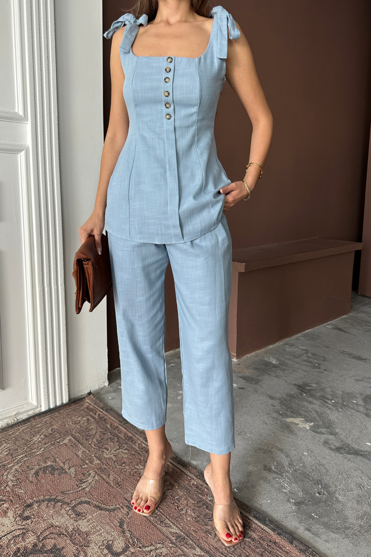 ŞANTUK KETEN YELEK GÖRÜNÜMLÜ  ASKILI BLUZ - PANTOLON TK - Mavi