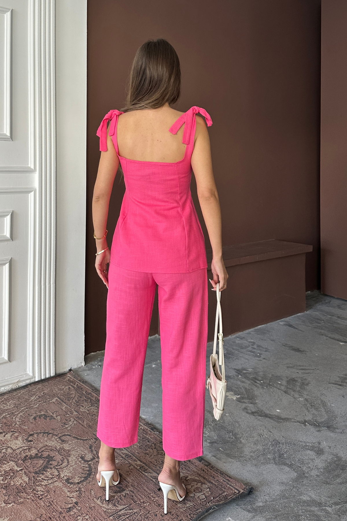 ŞANTUK KETEN YELEK GÖRÜNÜMLÜ  ASKILI BLUZ - PANTOLON TK - Fuşya