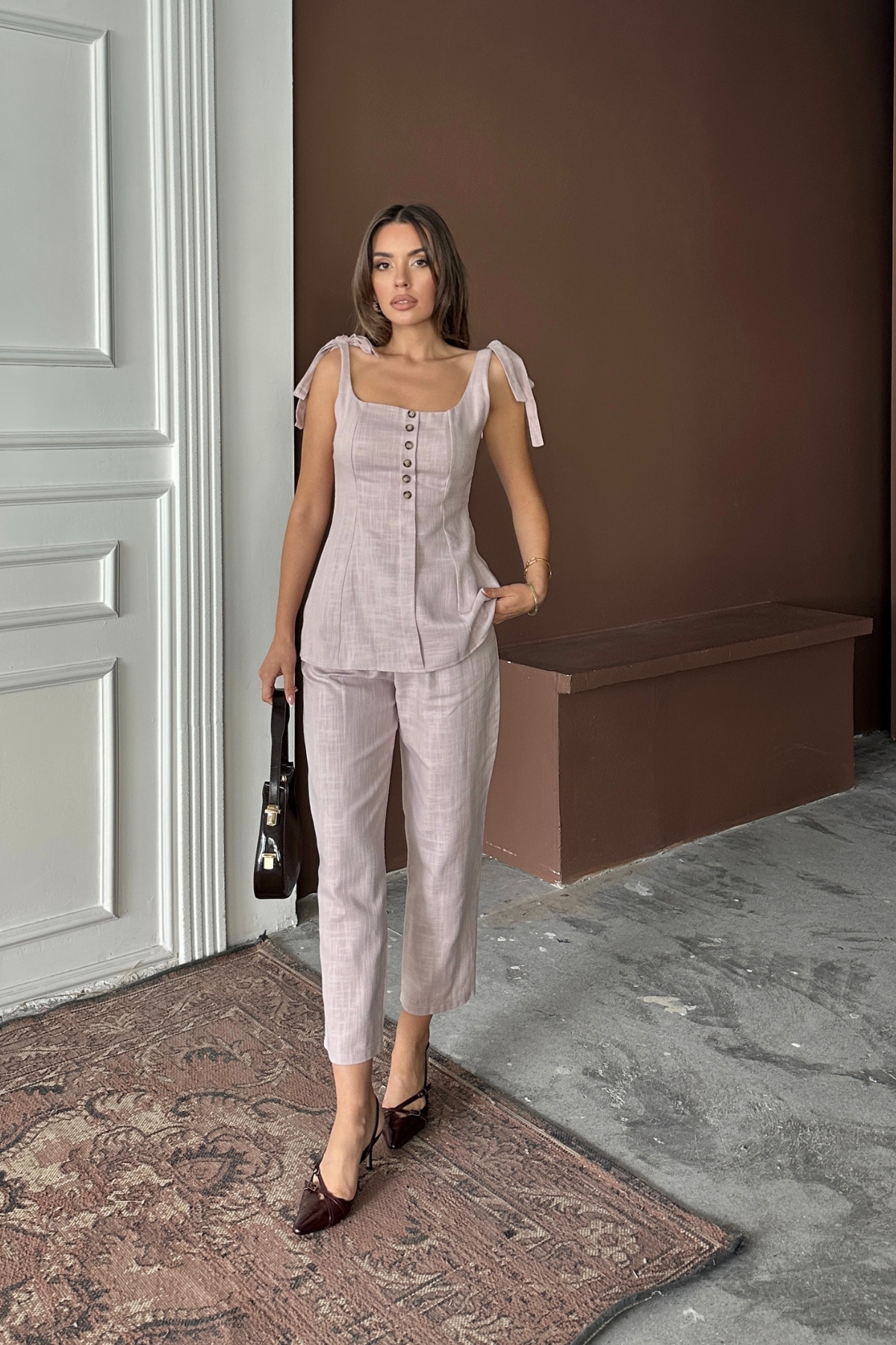 ŞANTUK KETEN YELEK GÖRÜNÜMLÜ  ASKILI BLUZ - PANTOLON TK - Lila