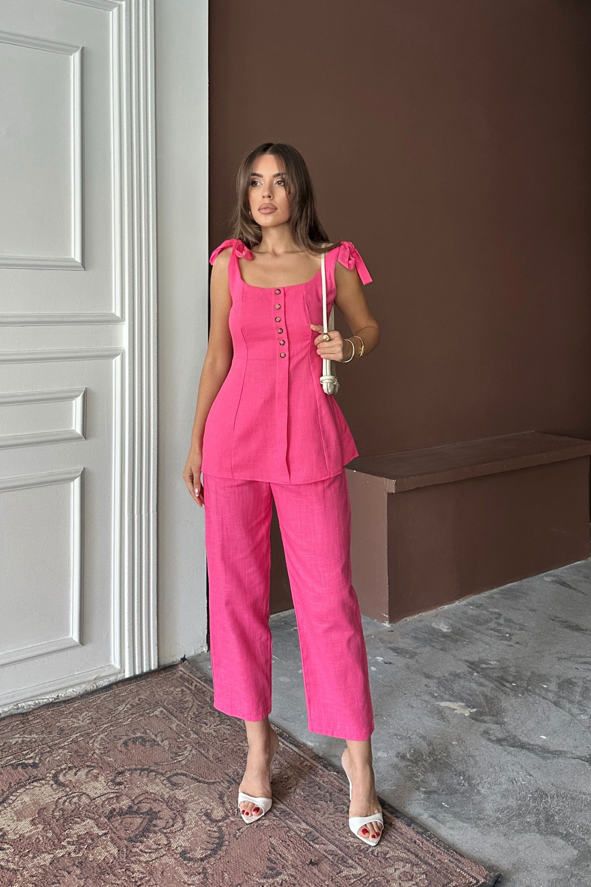 ŞANTUK KETEN YELEK GÖRÜNÜMLÜ  ASKILI BLUZ - PANTOLON TK - Fuşya