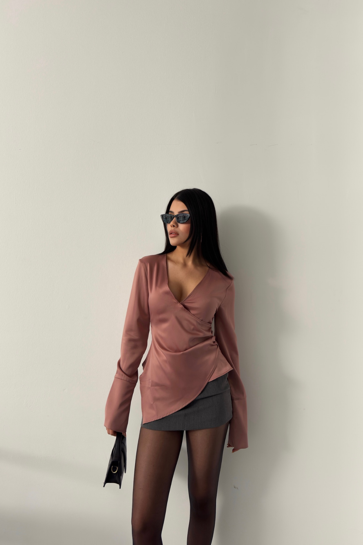 SATEN ANVELOP BLUZ MANŞET KOL - Pudra