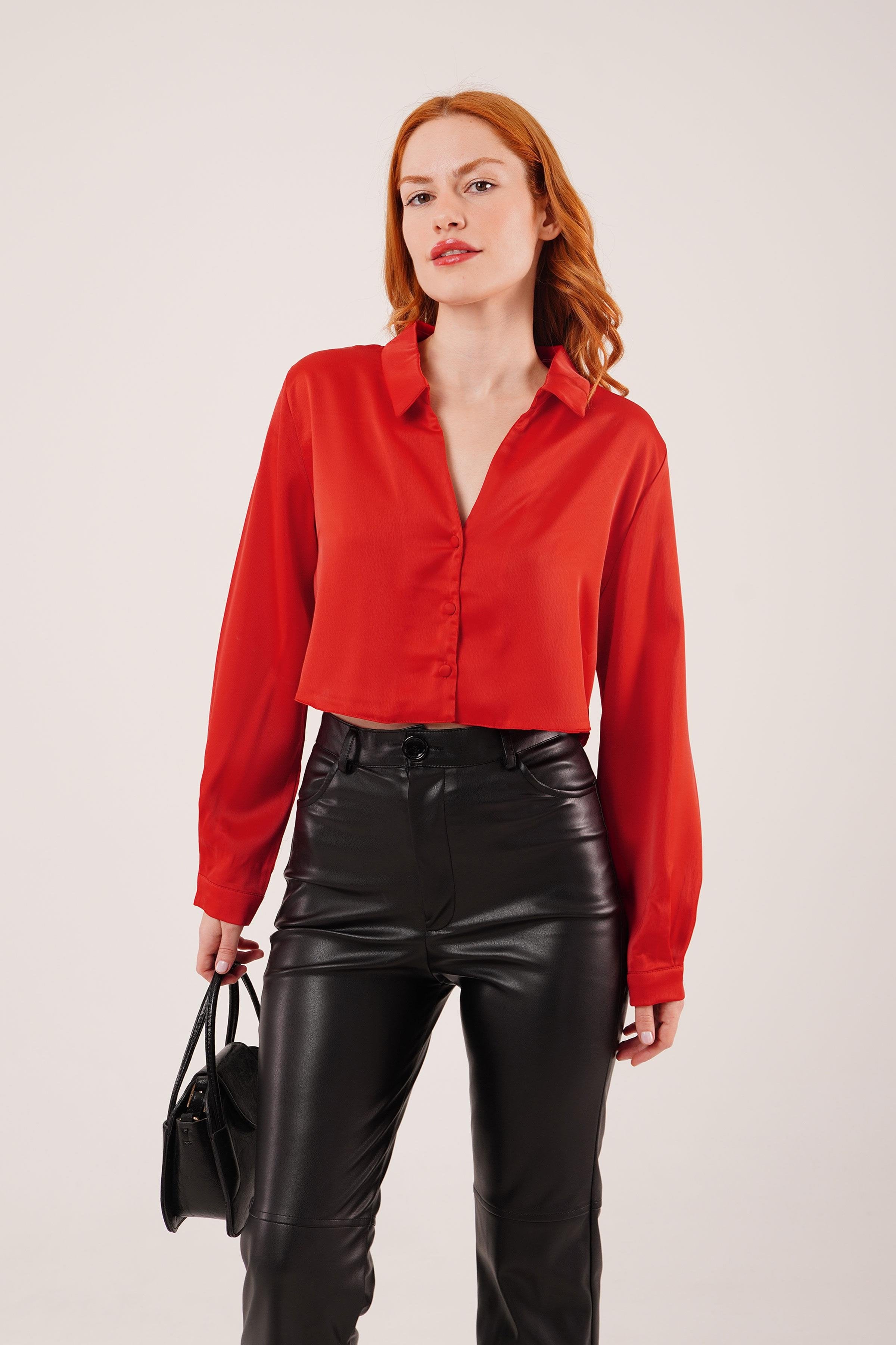 Saten Crop Model Toptan Kırmızı Gömlek Kırmızı S