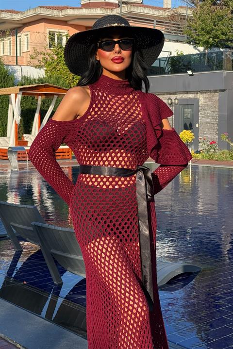 Saten Kuşaklı Ajurlu Triko Elbise 2847