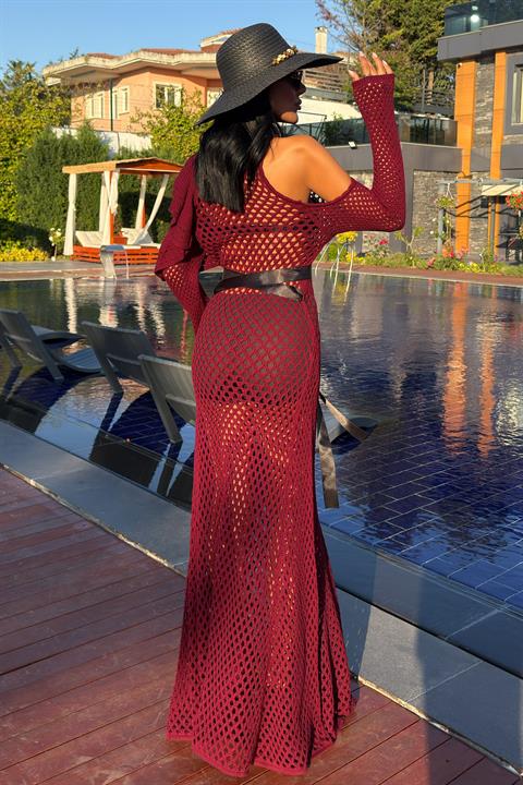 Saten Kuşaklı Ajurlu Triko Elbise 2847