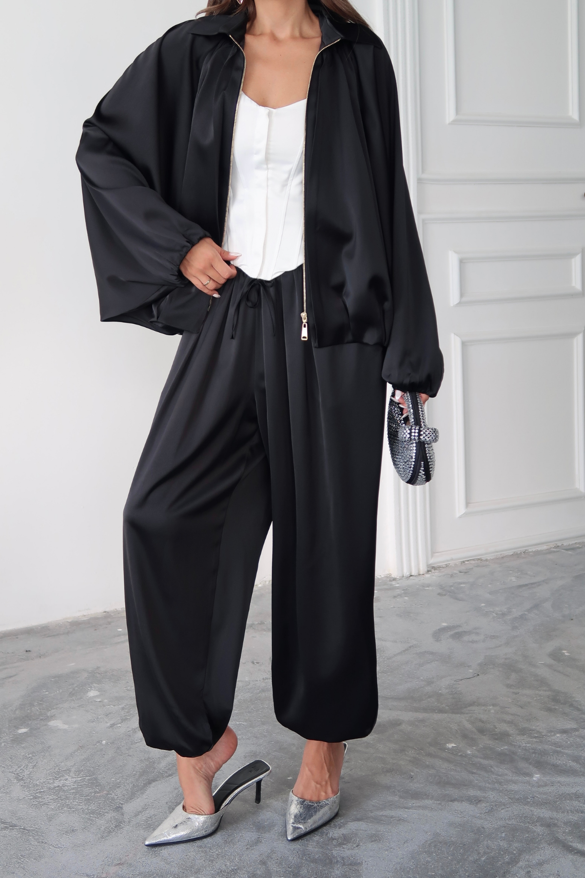SATEN ŞALVAR PANTOLON - Siyah