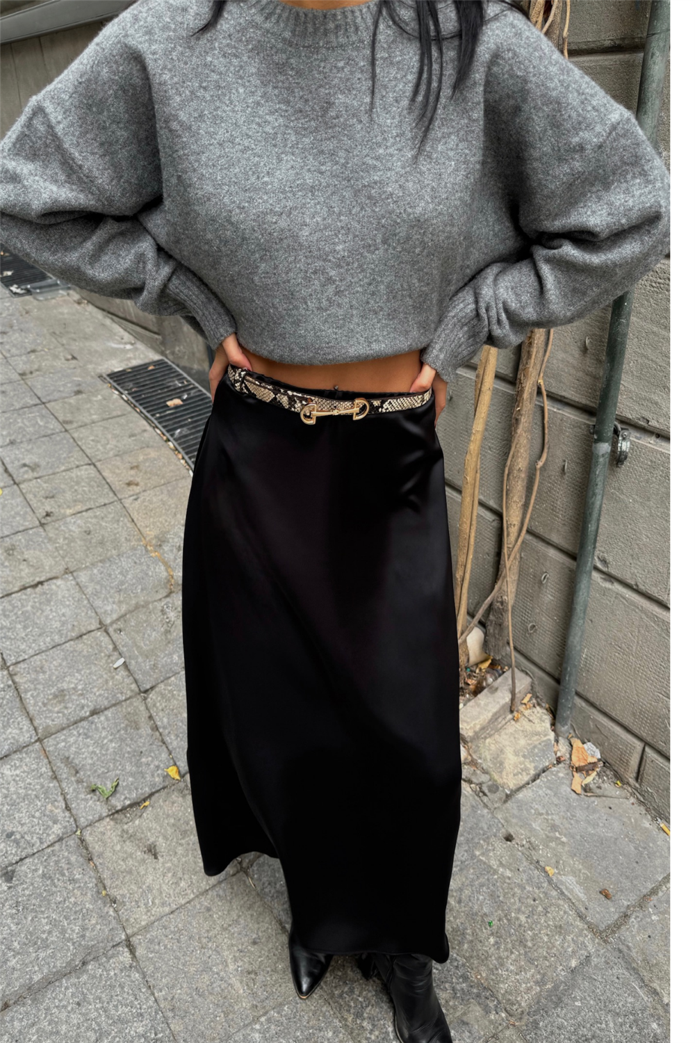 SATEN ŞANEL BOY ETEK - Siyah