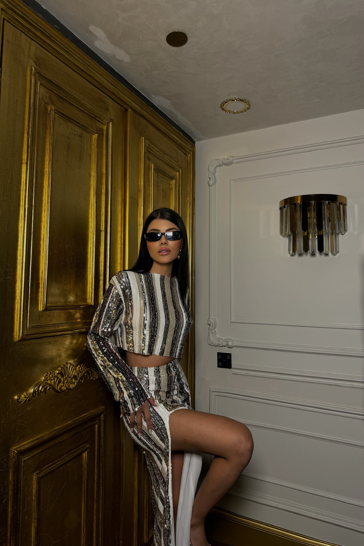 ŞERİT PAYET CROP BLUZ - YIRTMAÇLI ETEK TAKIM - Siyah