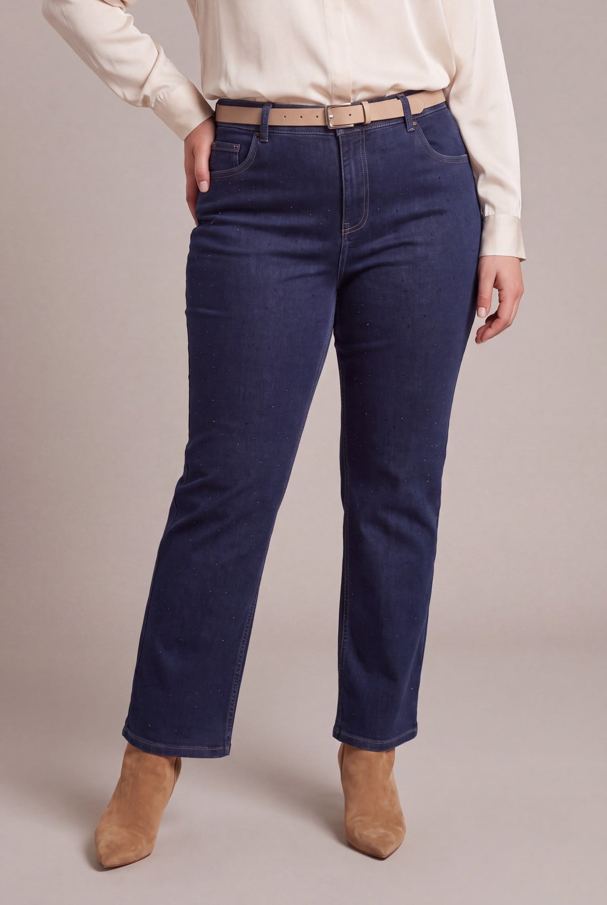 Serpme Taş Detaylı Boru Paça Büyük Beden Denim Pantolon Lacivert