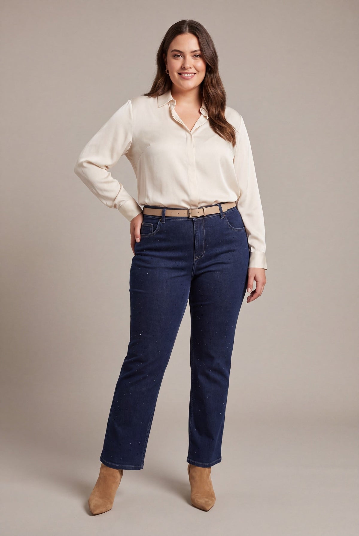 Serpme Taş Detaylı Boru Paça Büyük Beden Denim Pantolon Lacivert