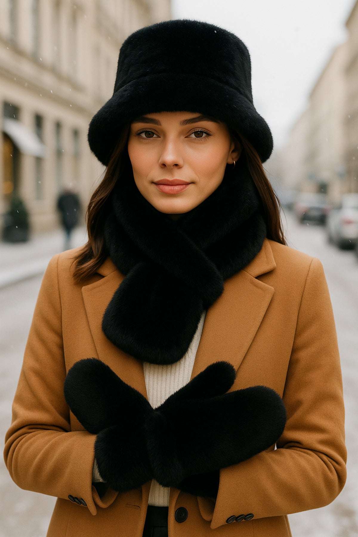 Kadın Kışlık 3’lü Kürklü Set (Şapka + Atkı + Eldiven) – Siyah , SET04