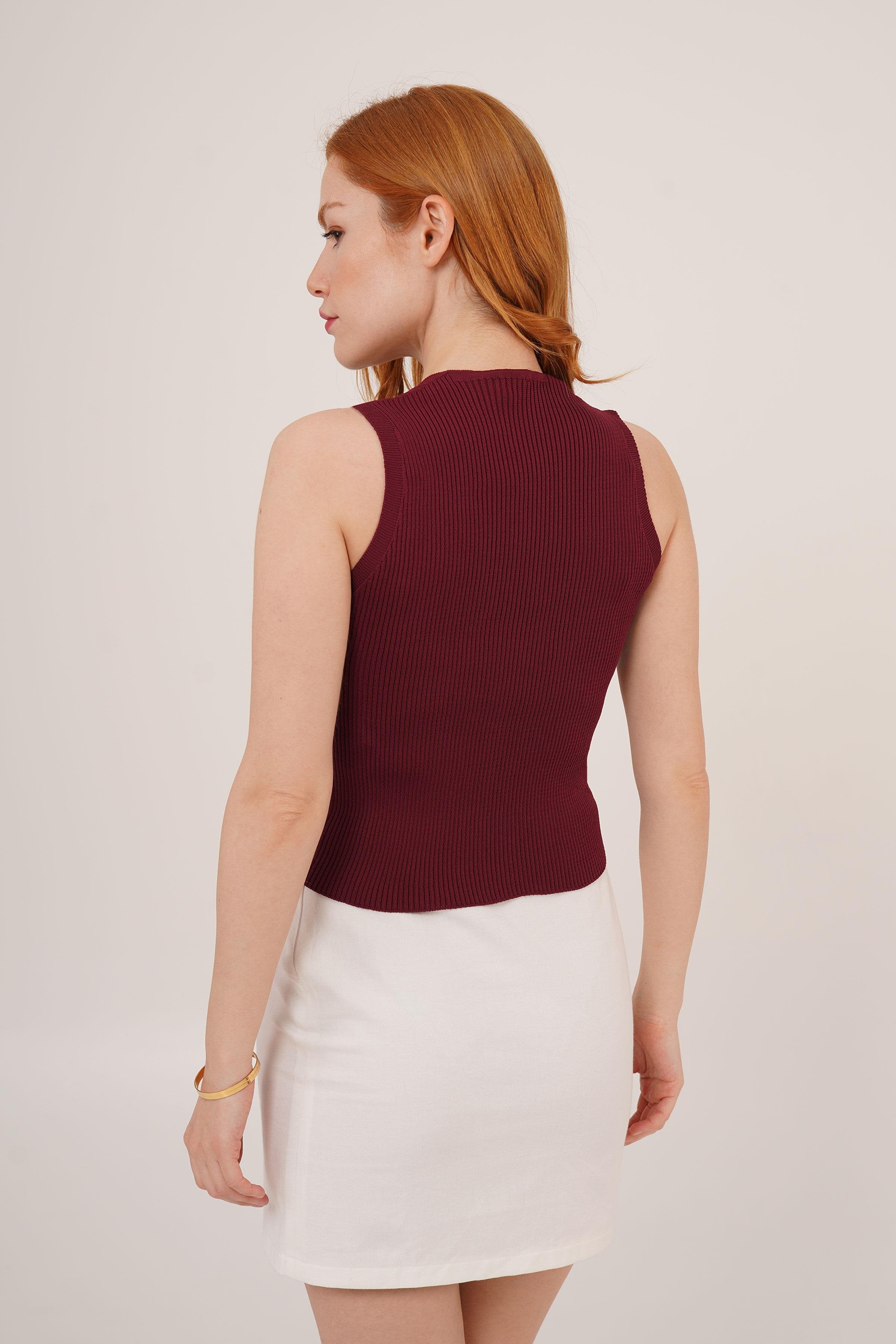 Sıfır Kol Düğme Detaylı Fitilli Bordo Toptan Bluz