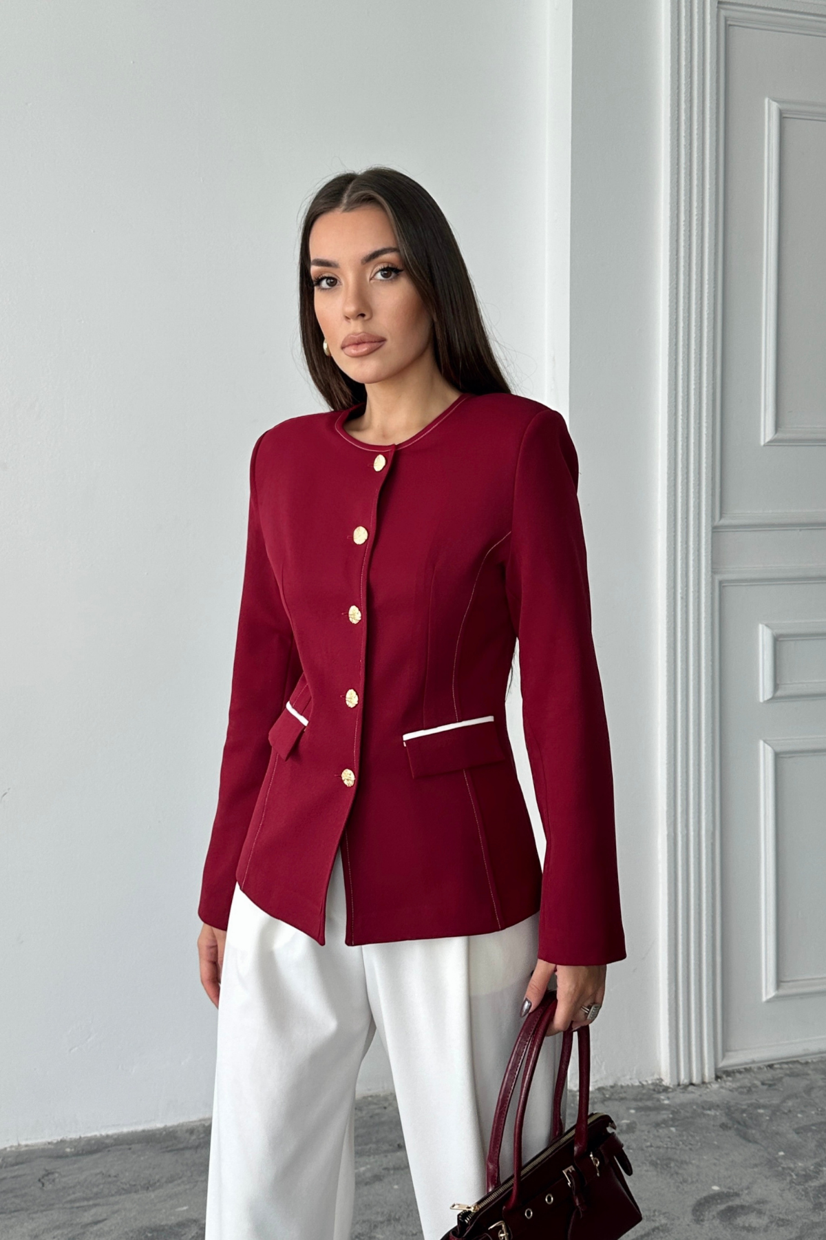 SIFIR YAKA BALZER CEKET CEP BİYE DETAYLI - Bordo