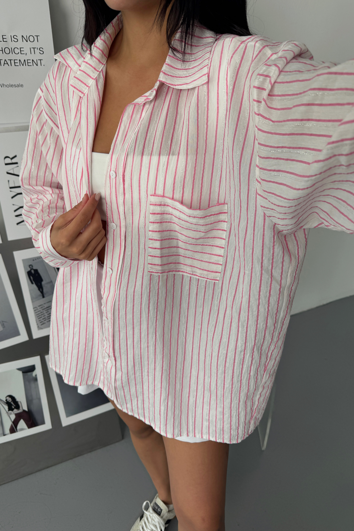 SİMLİ ÇİZGİLİ VUAL GÖMLEK - Pembe