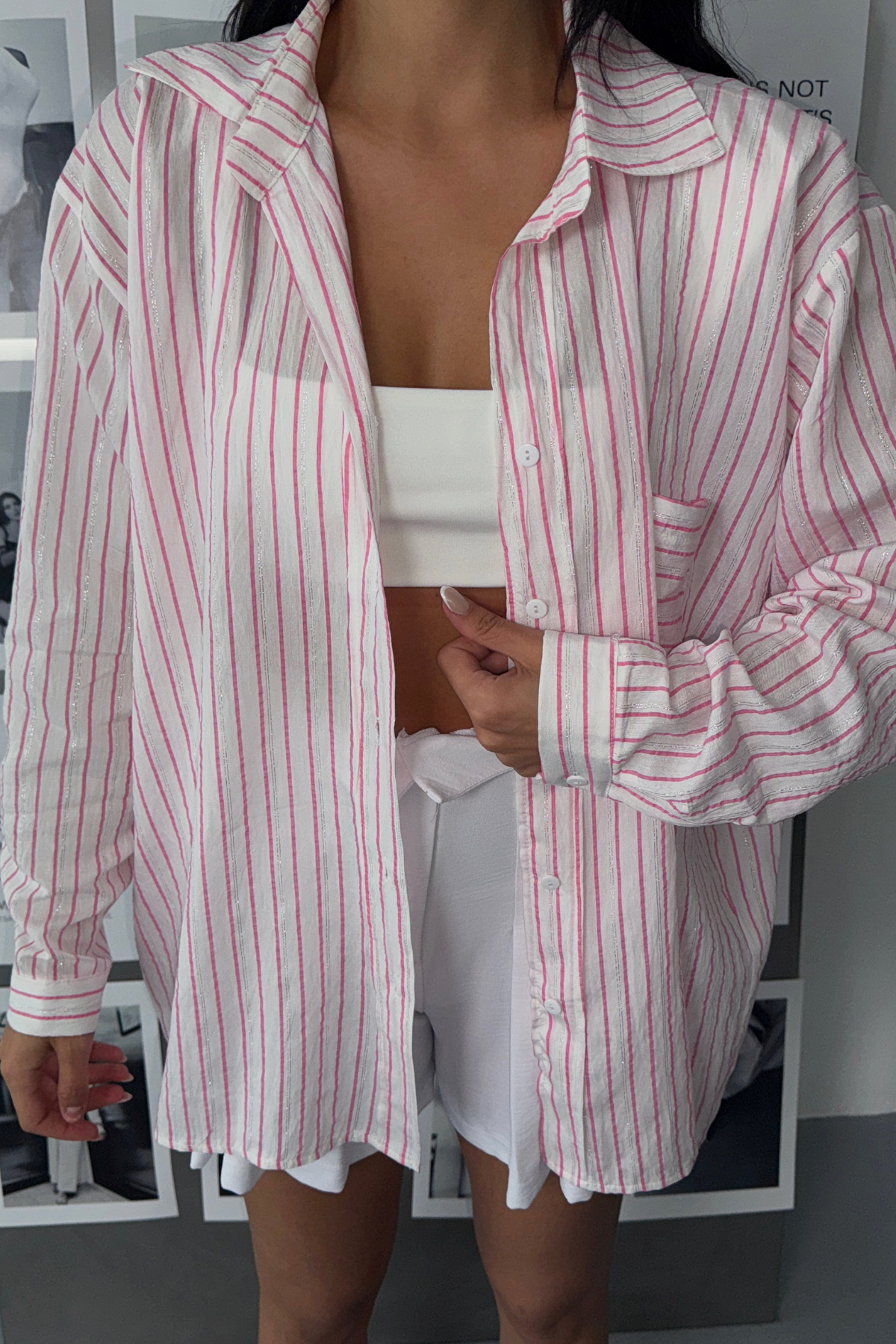 SİMLİ ÇİZGİLİ VUAL GÖMLEK - Pembe