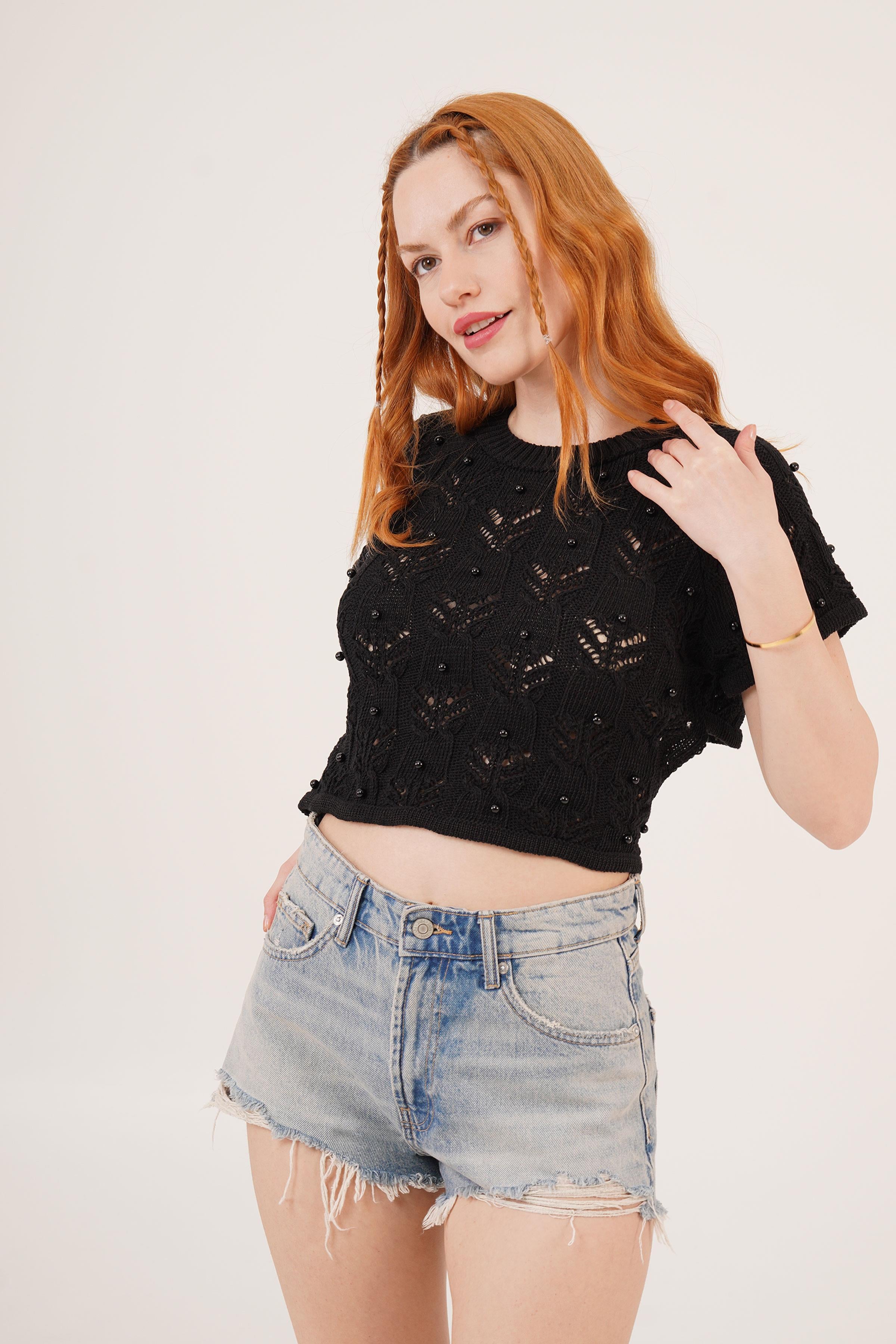 Sırt Bağlama Detaylı Siyah Toptan Crop