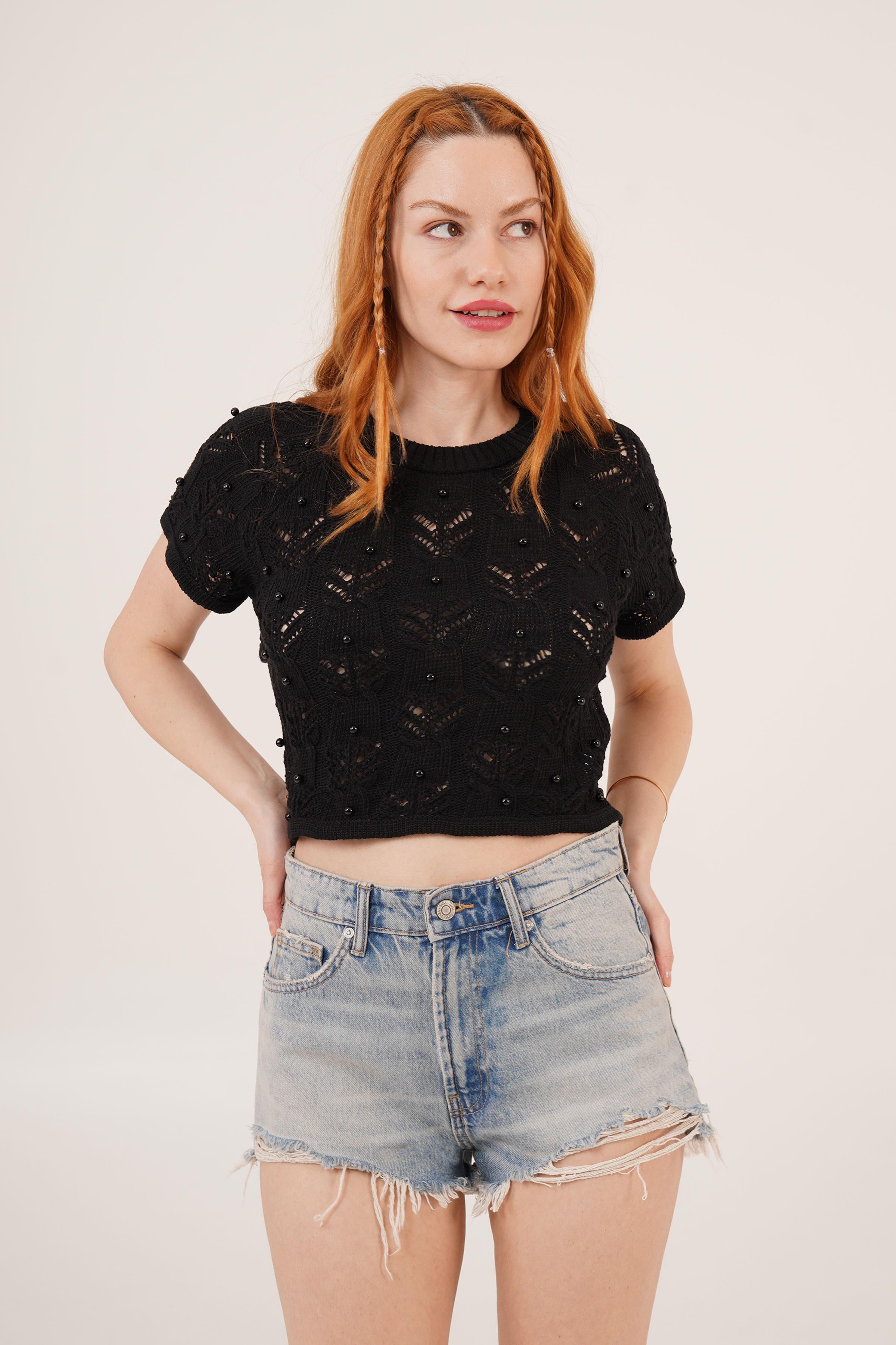 Sırt Bağlama Detaylı Siyah Toptan Crop