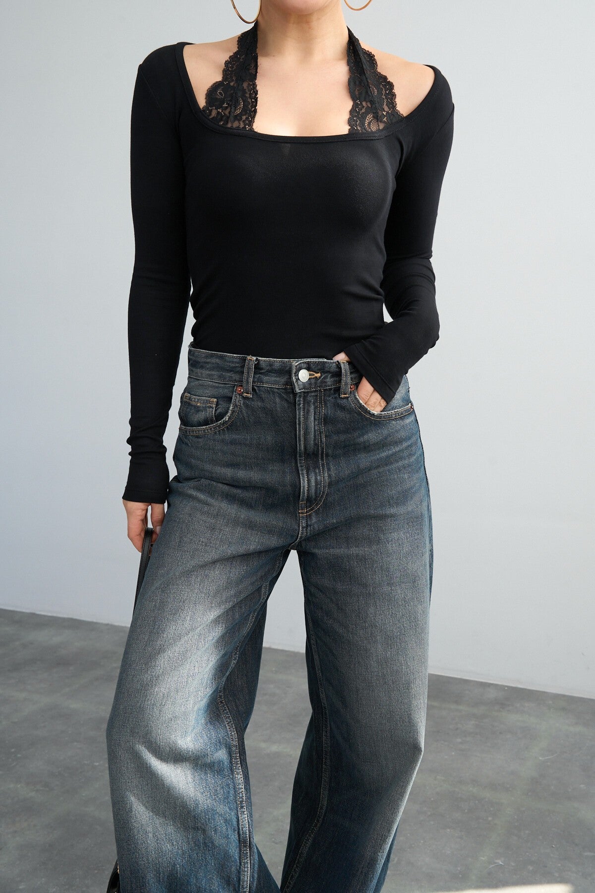 Black Lace-Trimmed Blouse