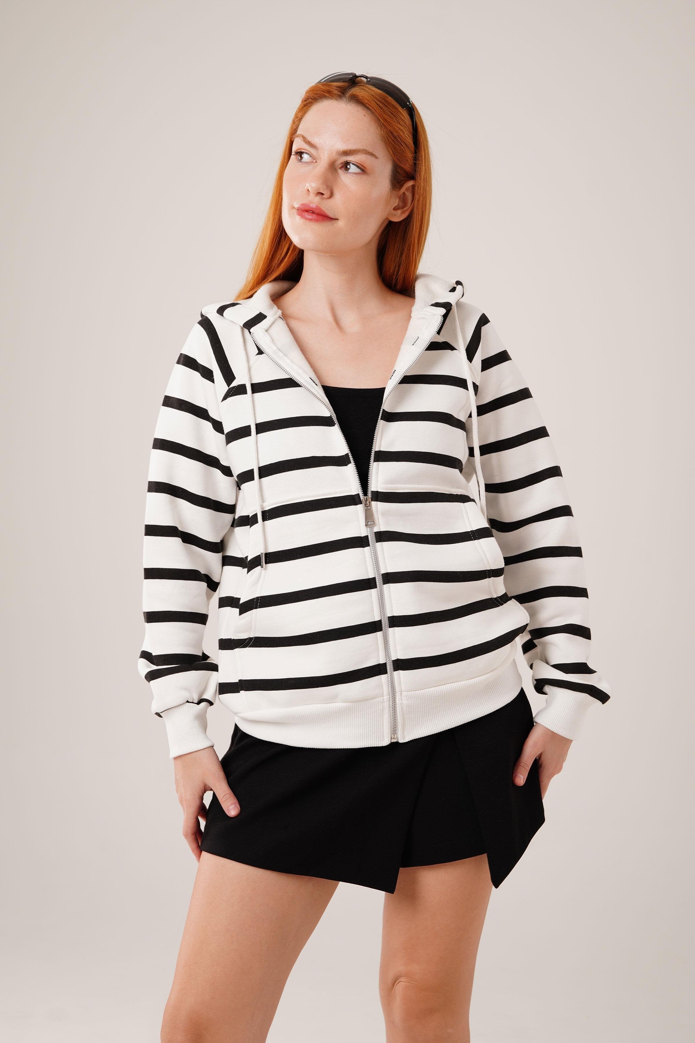Siyah Çizgili İki İplik Kapüşonlu Toptan Sweatshirt Siyah S