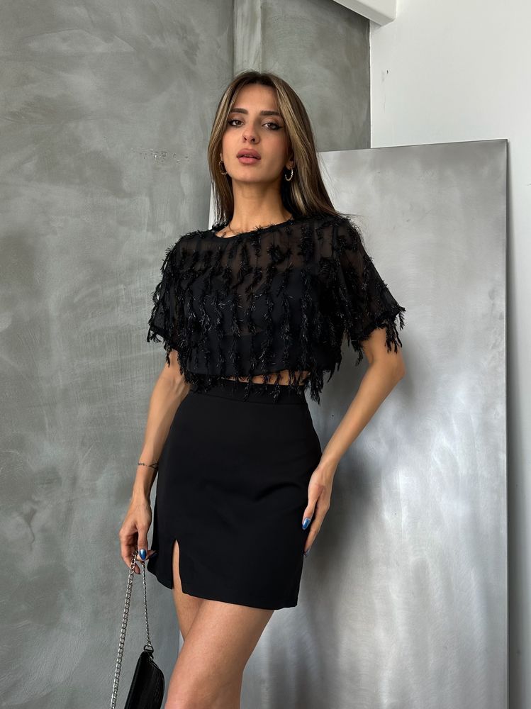 Topshow Siyah Simli Saçaklı Toptan Bluz