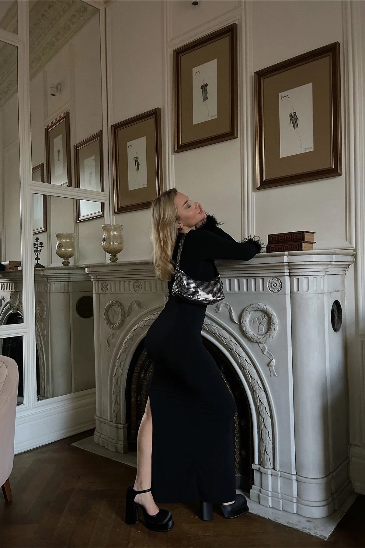 Long Dress with Black Fringed Sleeves