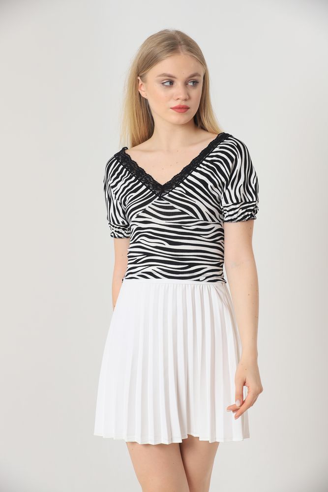 Topshow Siyah Zebra V Yaka Yakası Dantel Toptan Bluz