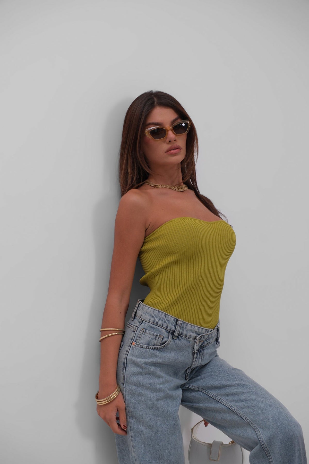 Straplez Triko Bluz - Yeşil