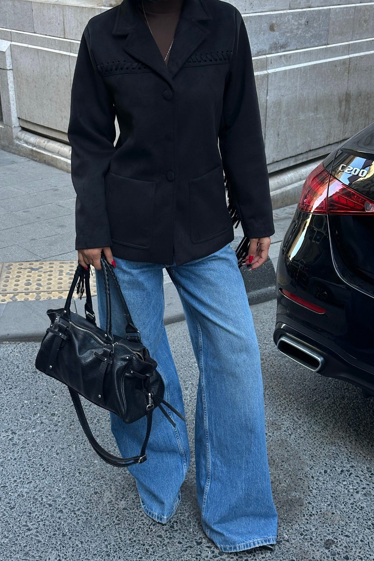 SÜET CEKET PÜSKÜLLÜ - Siyah