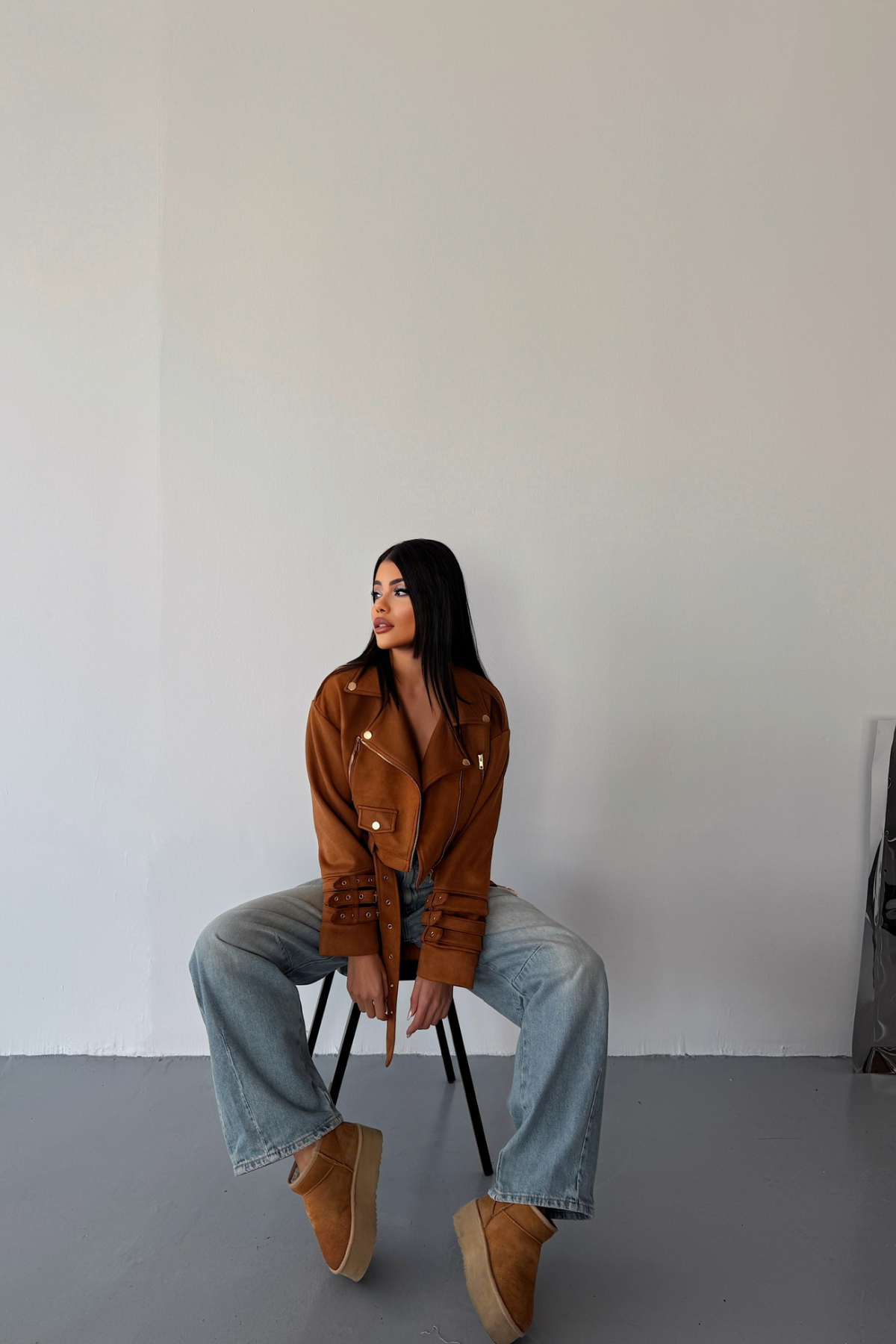 SÜET CROP CEKET KOL 3 KEMER DETAYLI - Taba