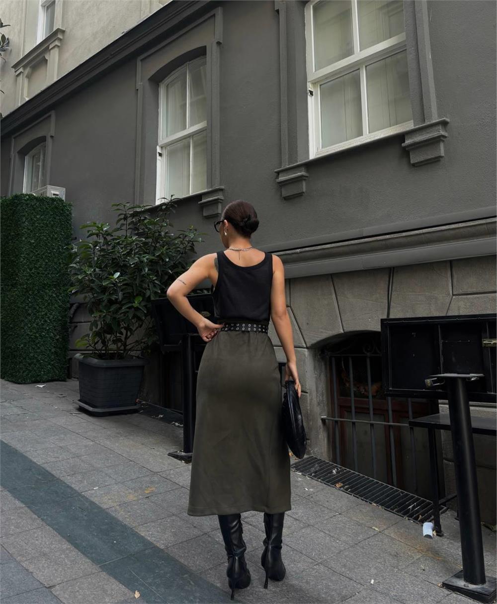 SÜET KALEM ETEK YIRTMAÇ DETAYLI - Haki