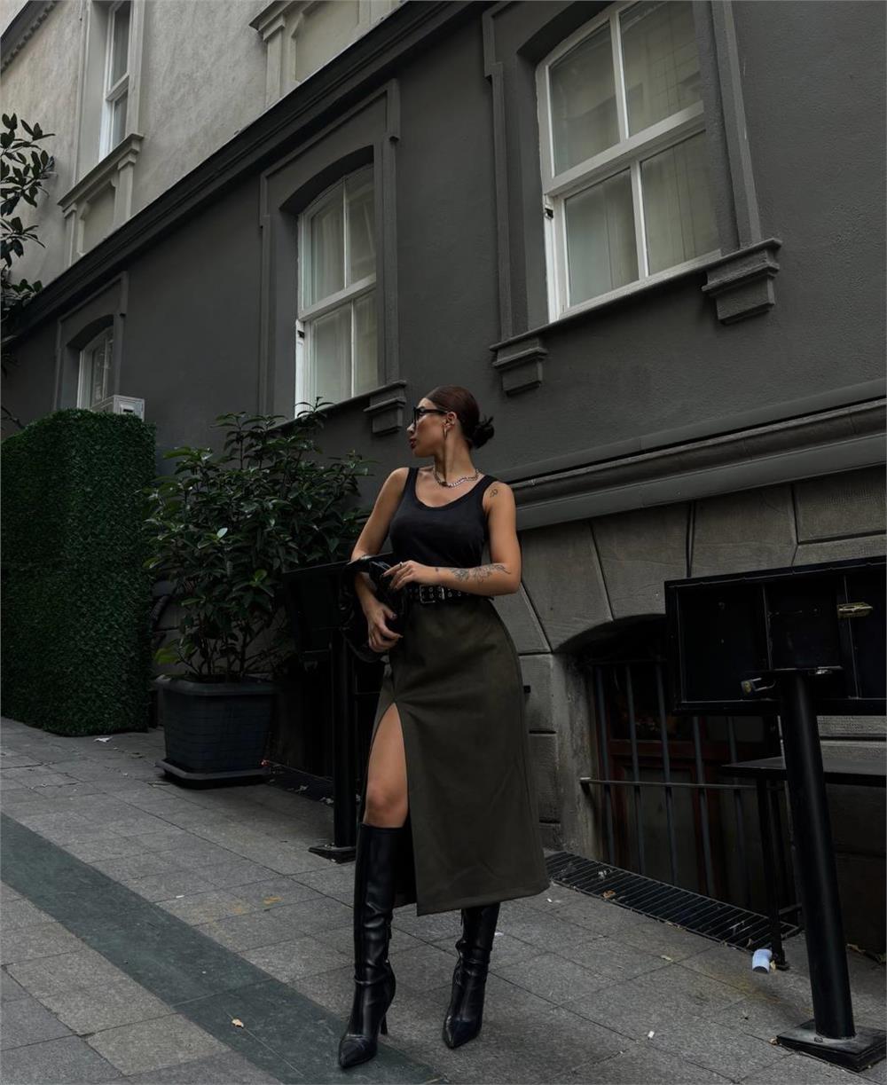 SÜET KALEM ETEK YIRTMAÇ DETAYLI - Haki