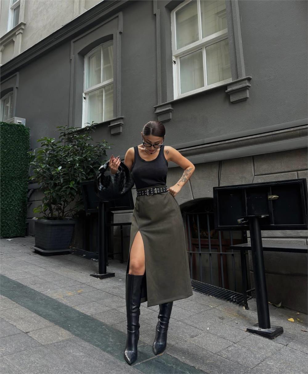 SÜET KALEM ETEK YIRTMAÇ DETAYLI - Haki