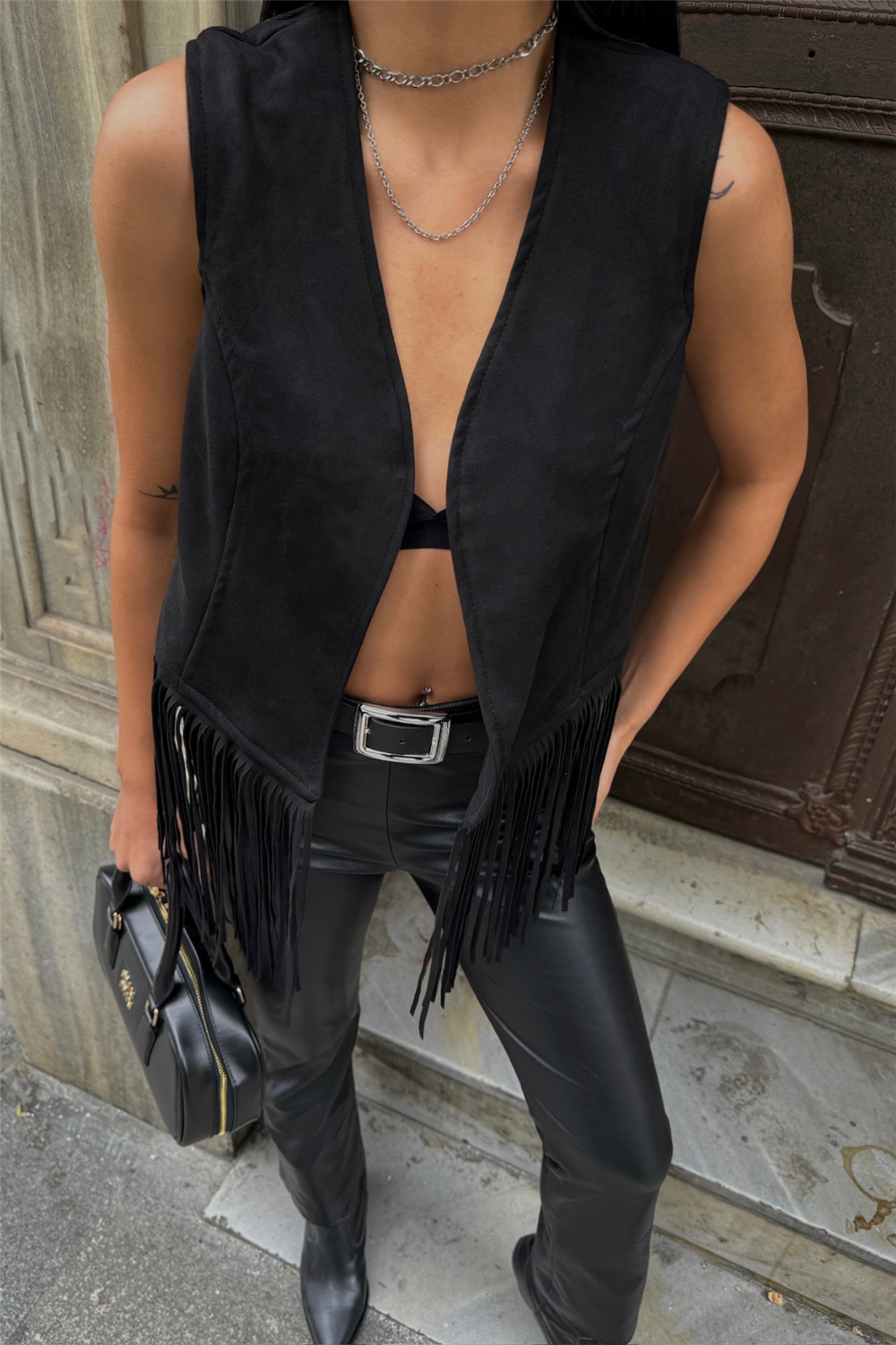 SÜET PÜSKÜLLÜ YELEK - Siyah