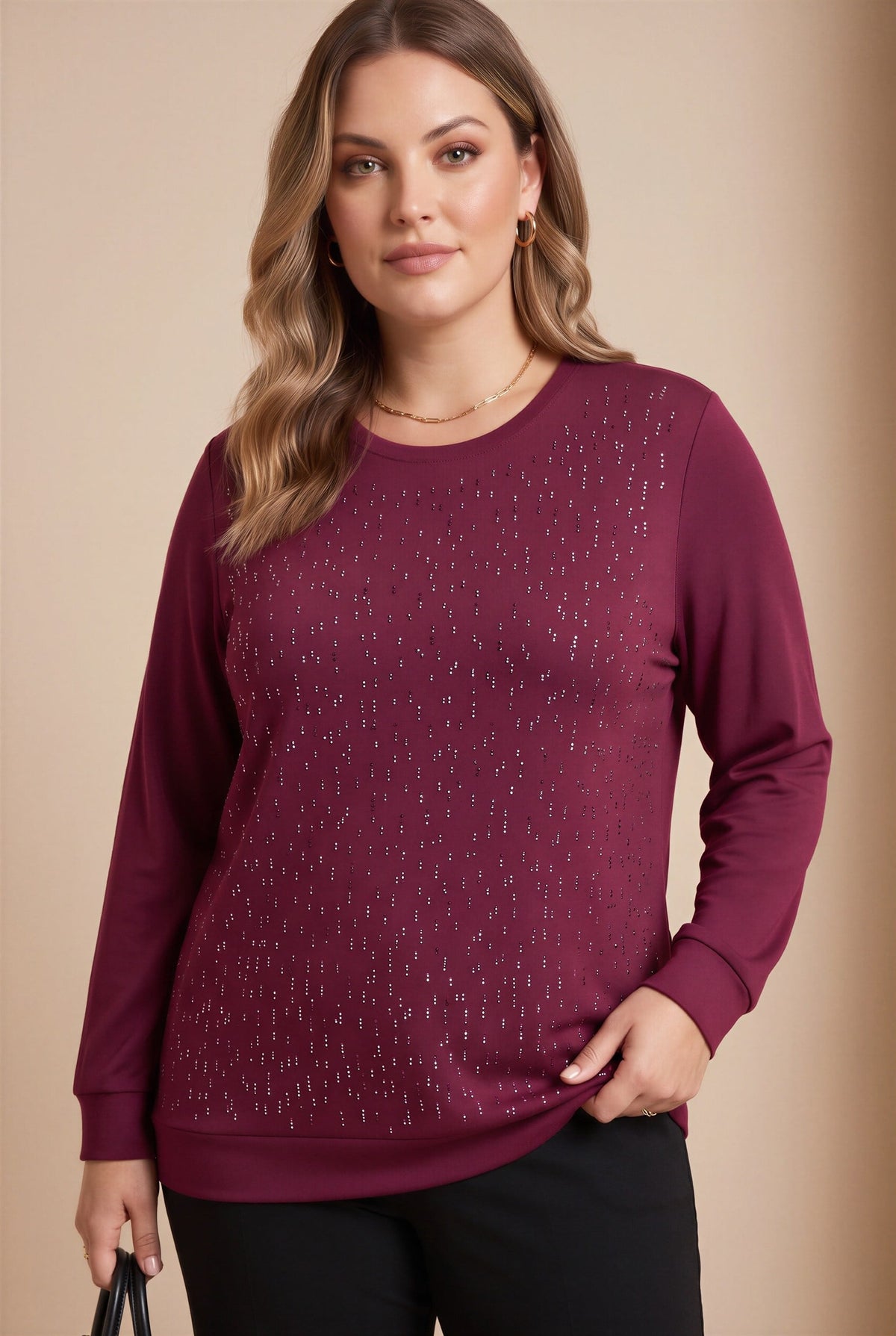 Taş Detaylı Büyük Beden Modal Örme Sweat Bordo