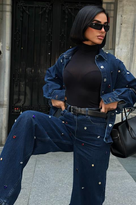 Taş Detaylı Denim Takım – Oversize Ceket 10278-08