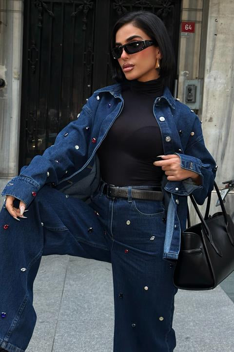 Taş Detaylı Denim Takım – Oversize Ceket 10278-08