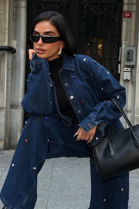 Taş Detaylı Denim Takım – Oversize Ceket 10278-08