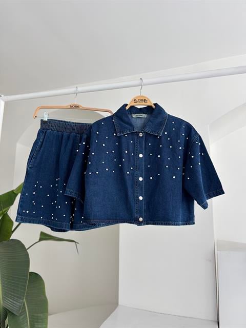 Taş Detaylı Gömlek Şort Denim Takım 10175