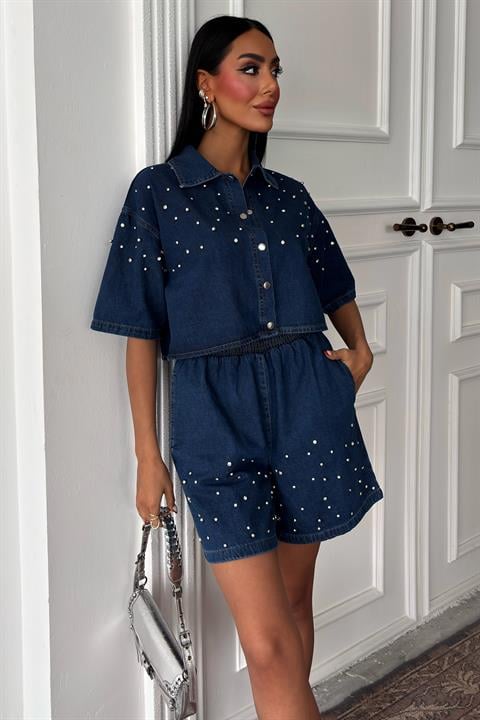 Taş Detaylı Gömlek Şort Denim Takım 10175 DENİM L