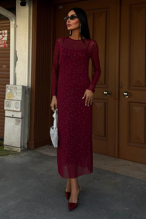 Taş İşlemeli Premium Tül Elbise 2829 BORDO L