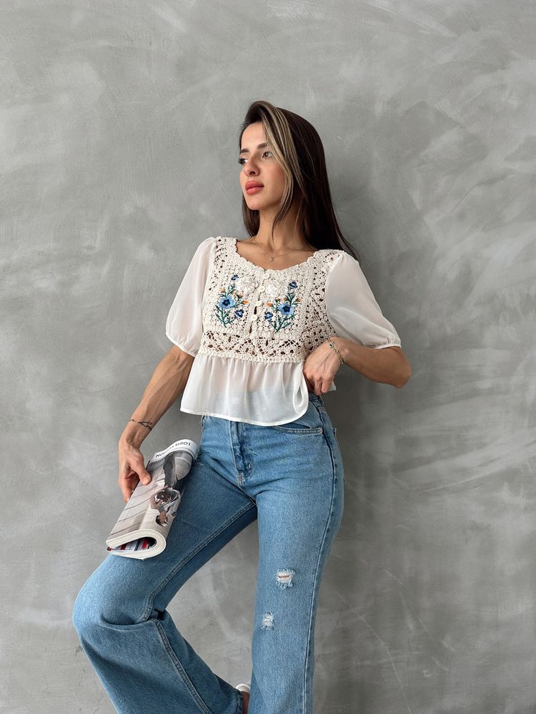 Topshow Taş Krem Nakışlı Toptan Bluz