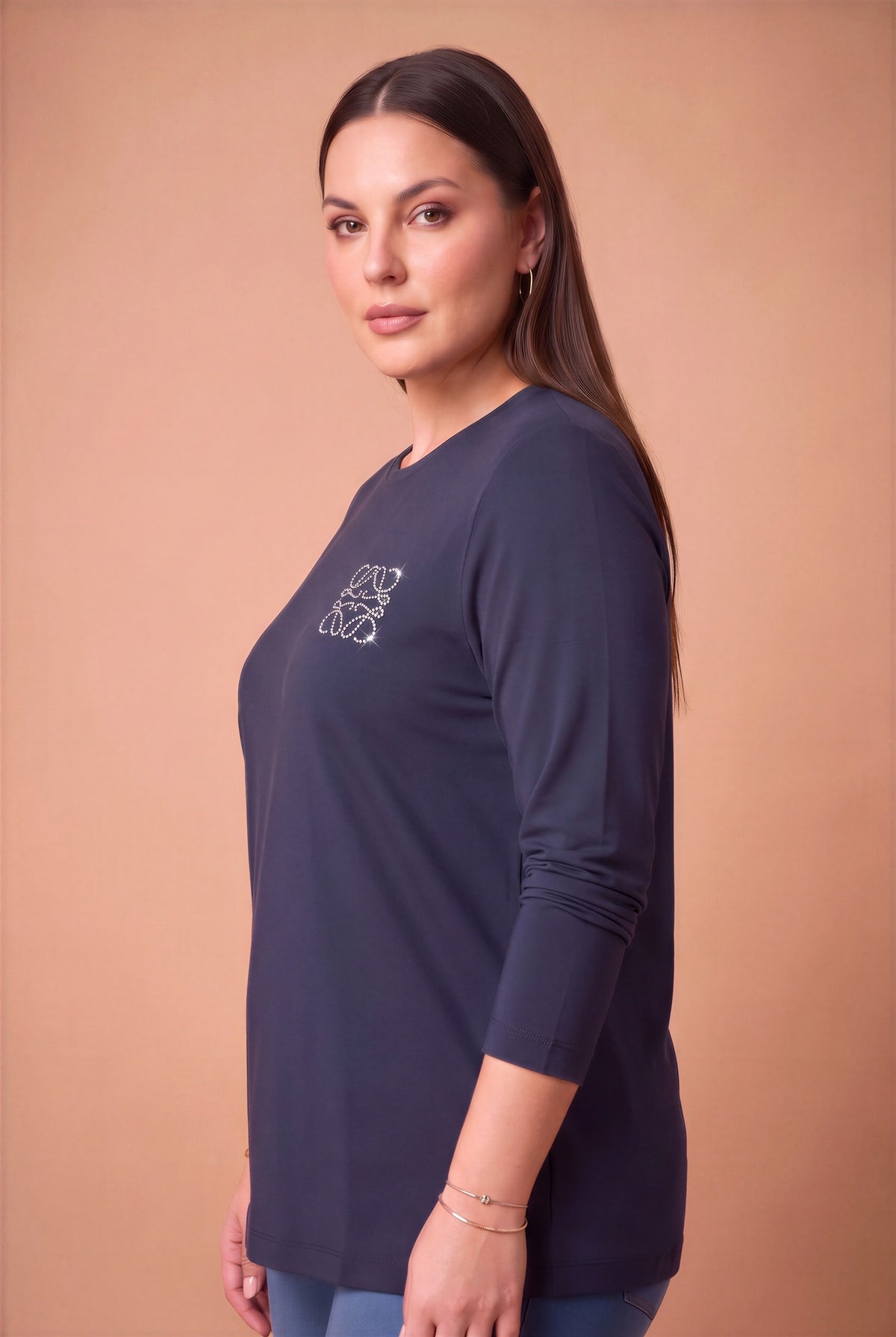 Taş Logolu Modal Büyük Beden Örme Sweatshirt Lacivert
