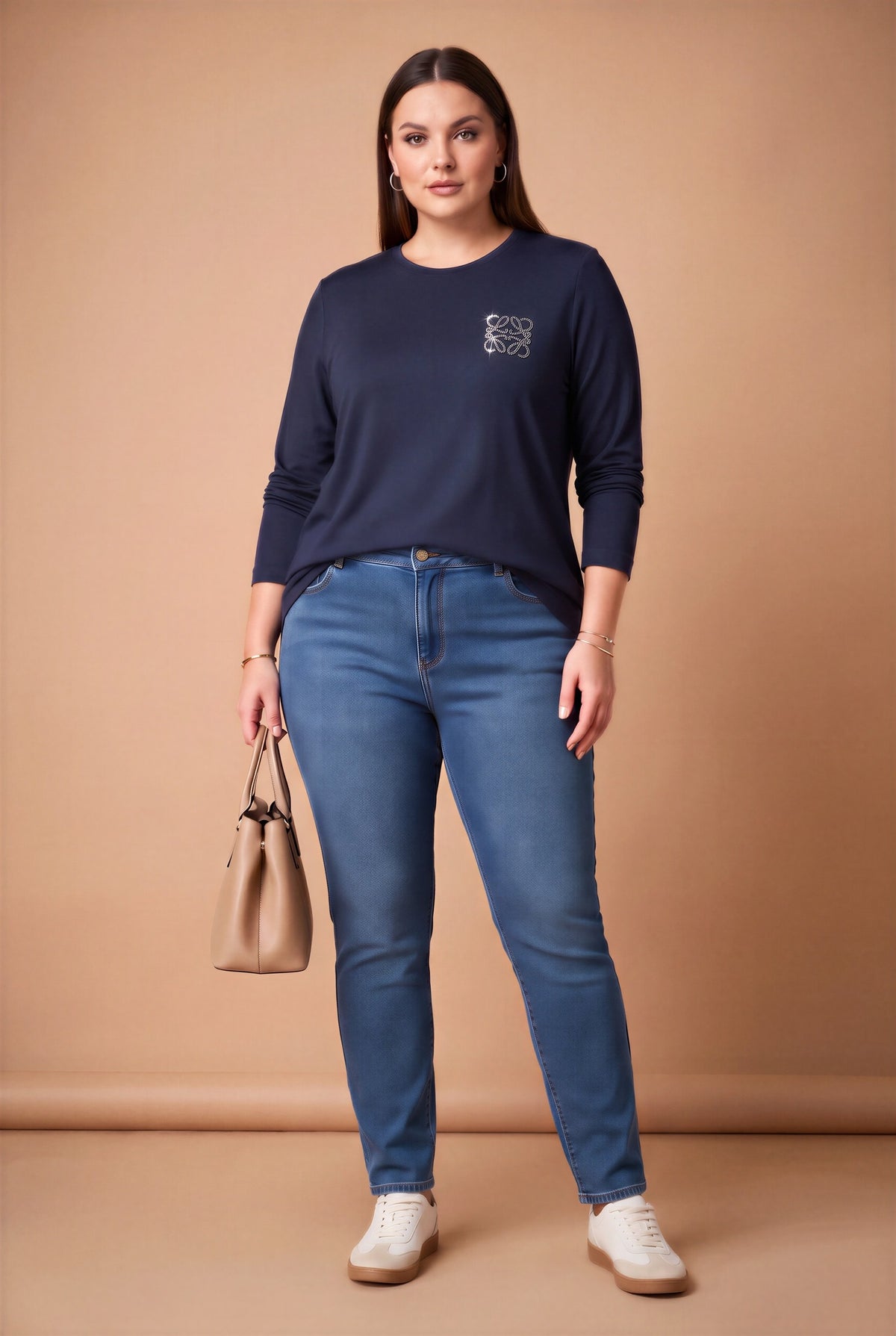 Taş Logolu Modal Büyük Beden Örme Sweatshirt Lacivert