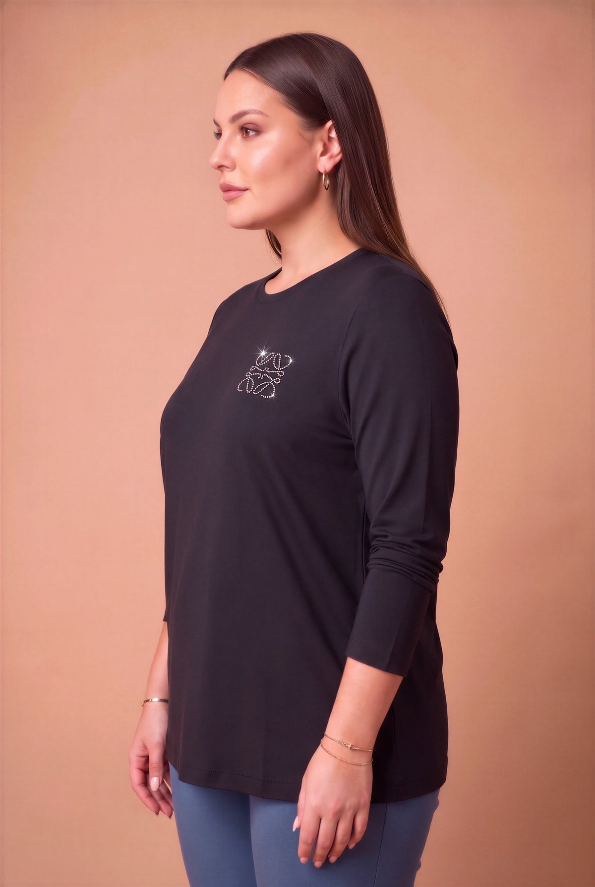 Taş Logolu Modal Büyük Beden Örme Sweatshirt Siyah