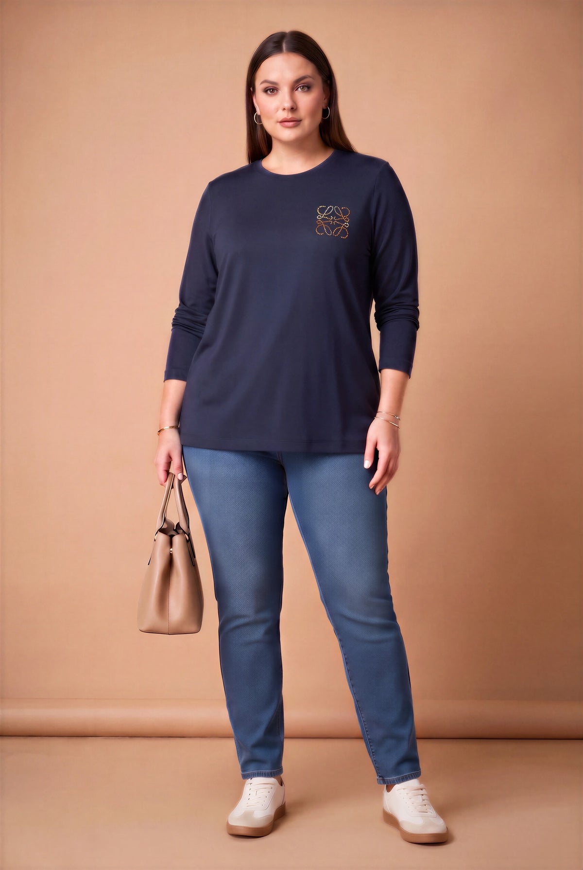 Taş Logolu Modal Büyük Beden Örme Sweatshirt Lacivert
