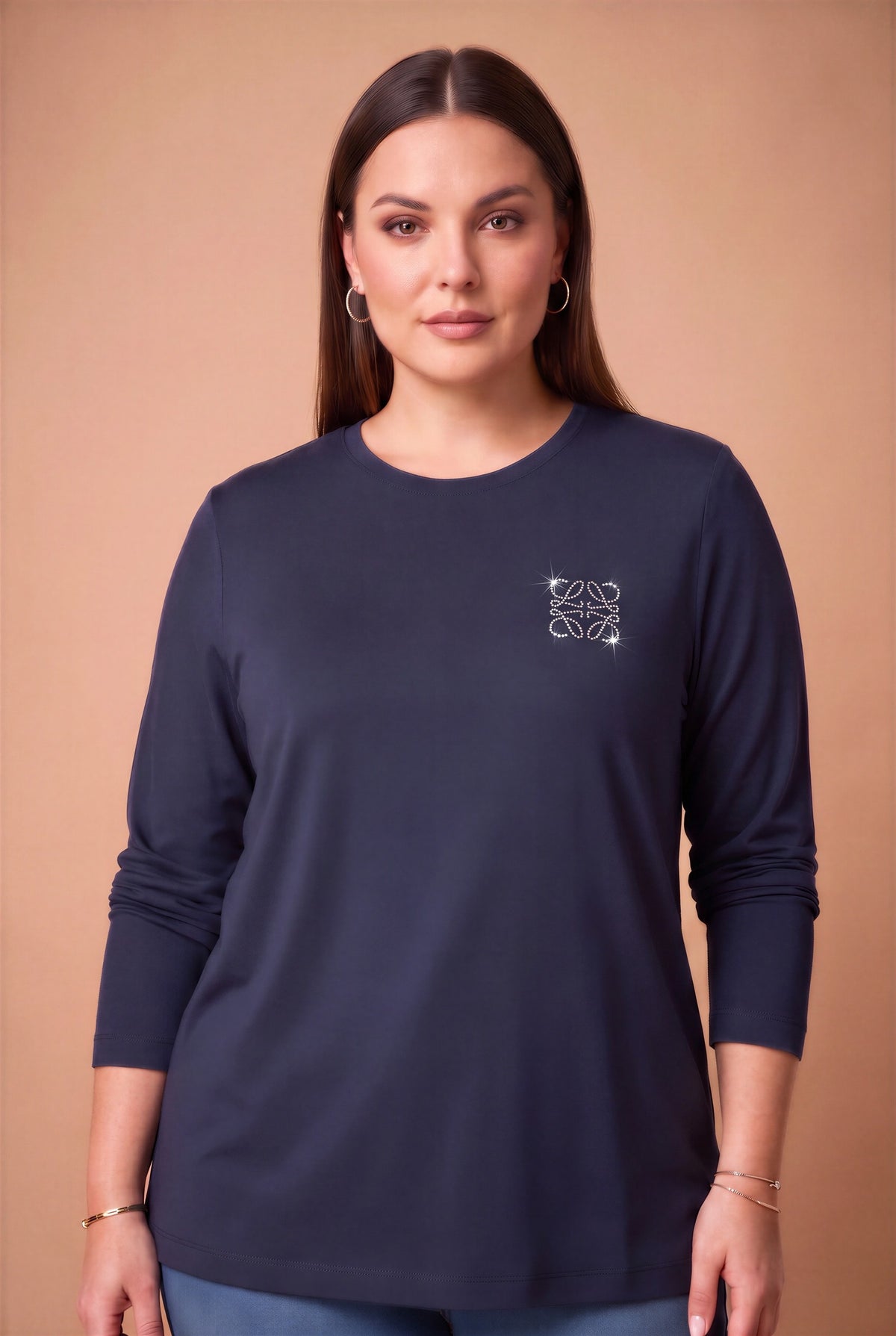 Taş Logolu Modal Büyük Beden Örme Sweatshirt Lacivert