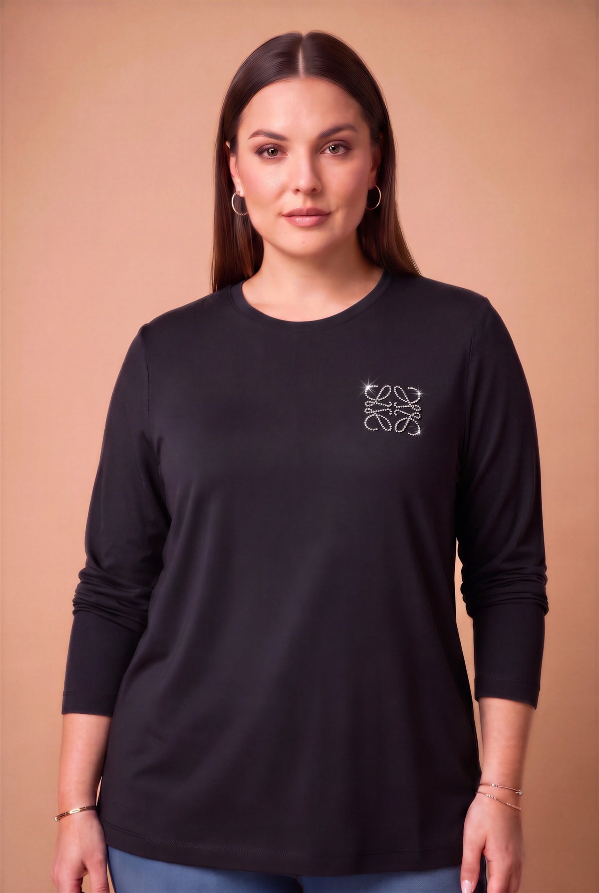 Taş Logolu Modal Büyük Beden Örme Sweatshirt Siyah