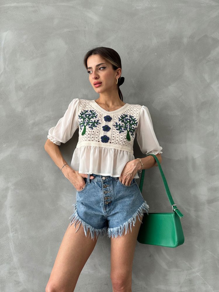 Topshow Taş Saks Nakışlı Toptan Bluz