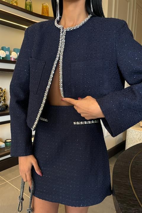 Taş Şerit Detaylı, Simli Chanel Takım 10050