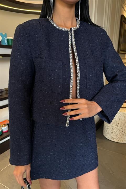 Taş Şerit Detaylı, Simli Chanel Takım 10050